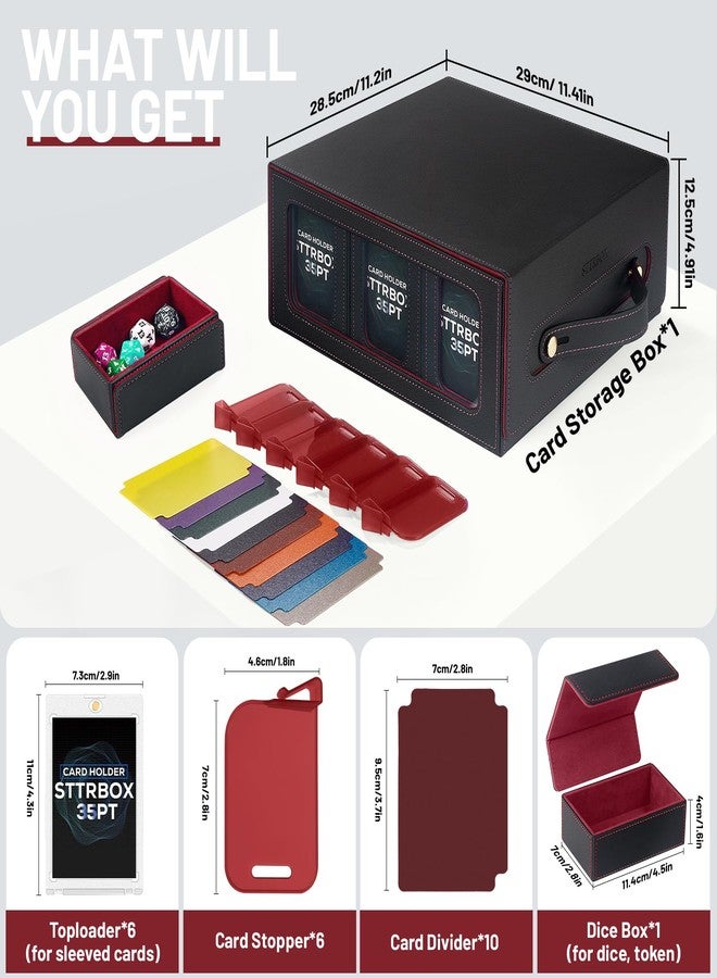 صندوق تخزين بطاقات التداول STTRBOX Commander بمقبض، صندوق تخزين بطاقات التداول لألعاب MTG وTCG. صندوق بطاقات MTG 7 في 1 مع 6 أغلفة علوية، 6 سدادات، 10 فواصل ملونة. (أسود وأحمر، 7 في 1) - Image 2